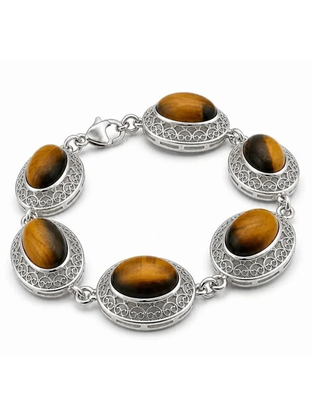Genuine 34.86 Cts Tiger's Eye Tennis Bracelet .925 Silver